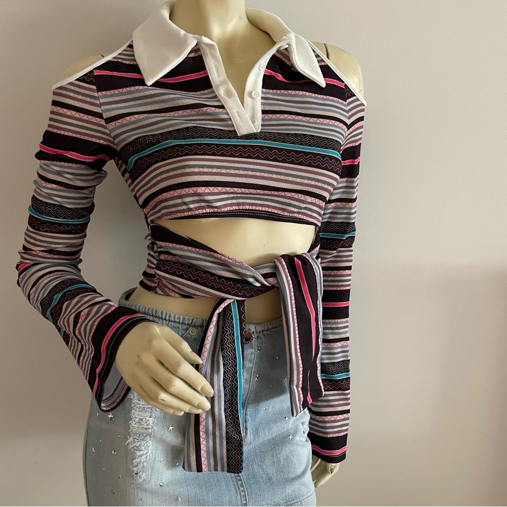 Striped Long sleeved collared cropped shirt with cutout shoulders and tie waist